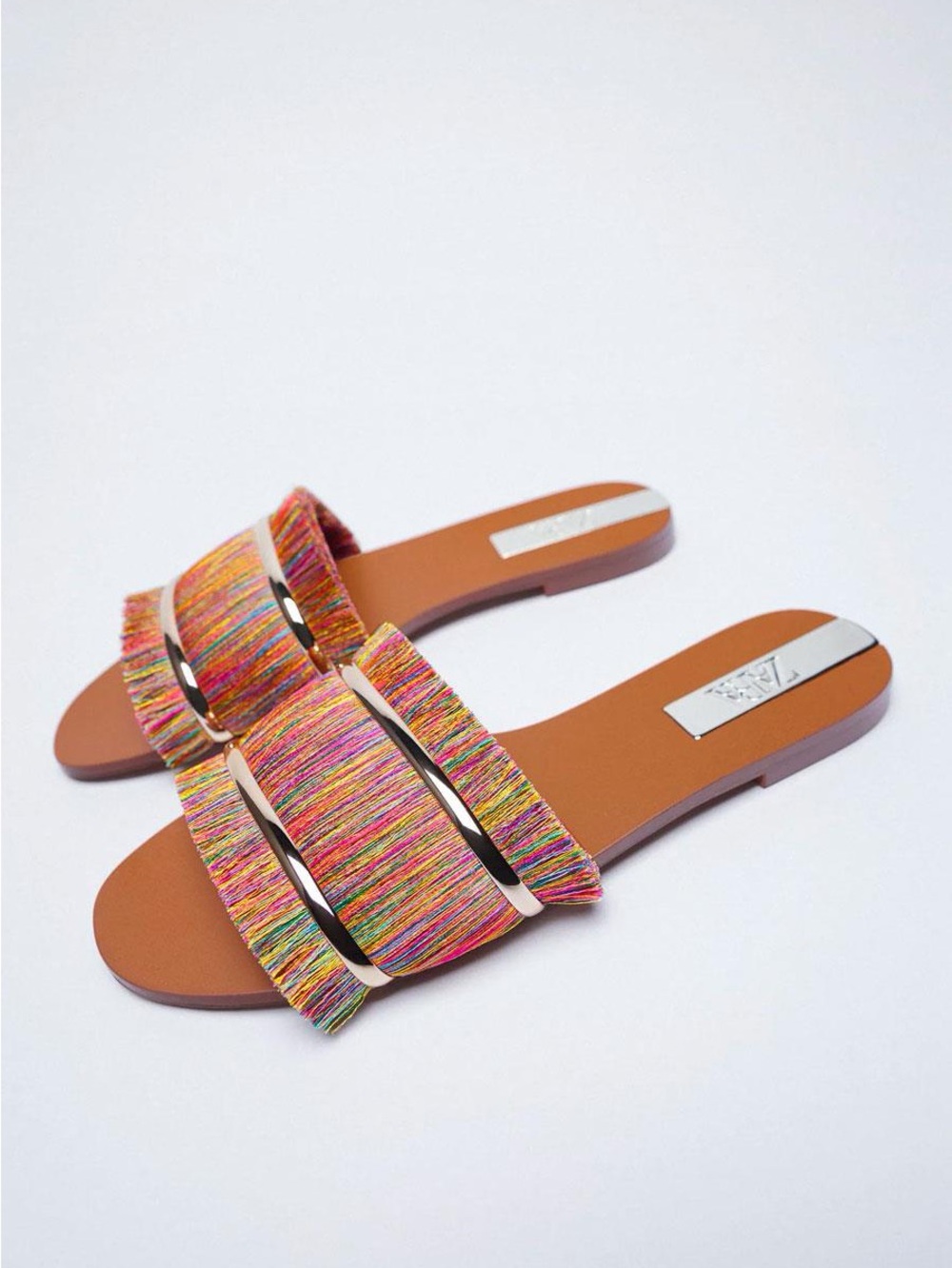 Zara Sz 10 Fringe Flat Slide Sandals with Gold Metal Detail Boho